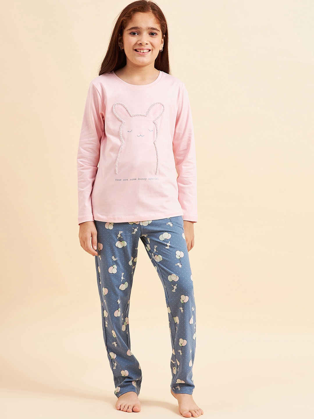 

Sweet Dreams Girls Pink & Grey Conversational Printed Night Suit