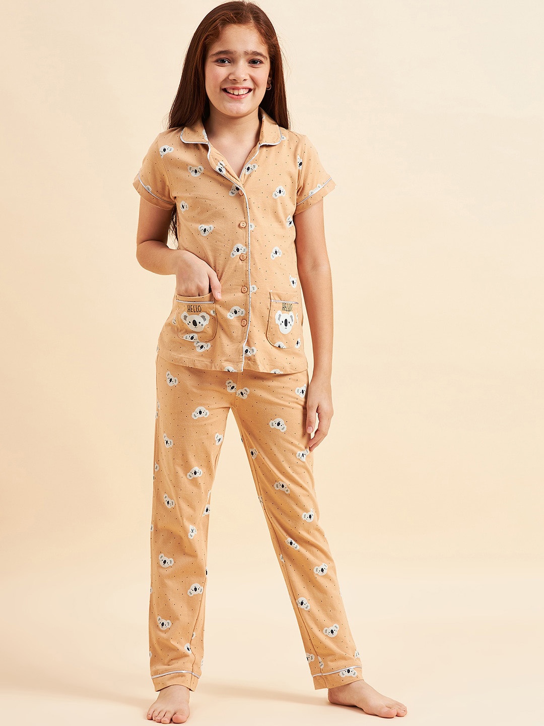 

Sweet Dreams Girls Beige & White Conversational Printed Pure Cotton Night Suit