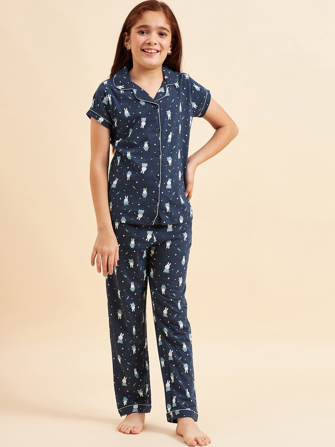 

Sweet Dreams Girls Conversational Printed Pure Cotton Shirt & Lounge Pants, Navy blue