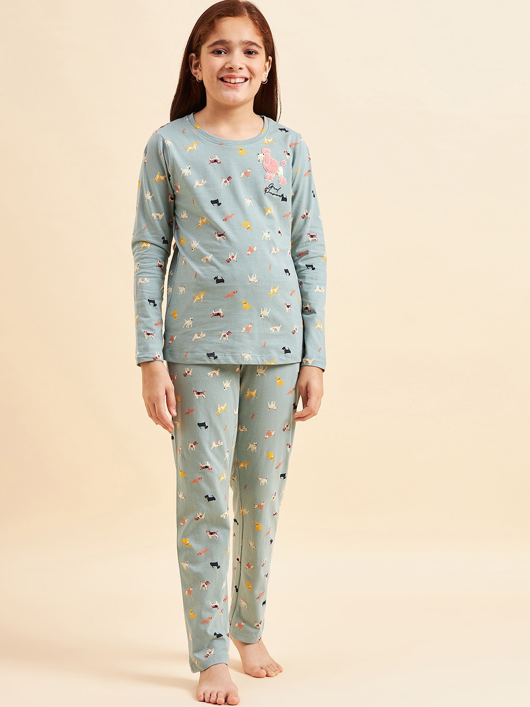 

Sweet Dreams Girls Conversational Printed Pure Cotton Night Suit, Green
