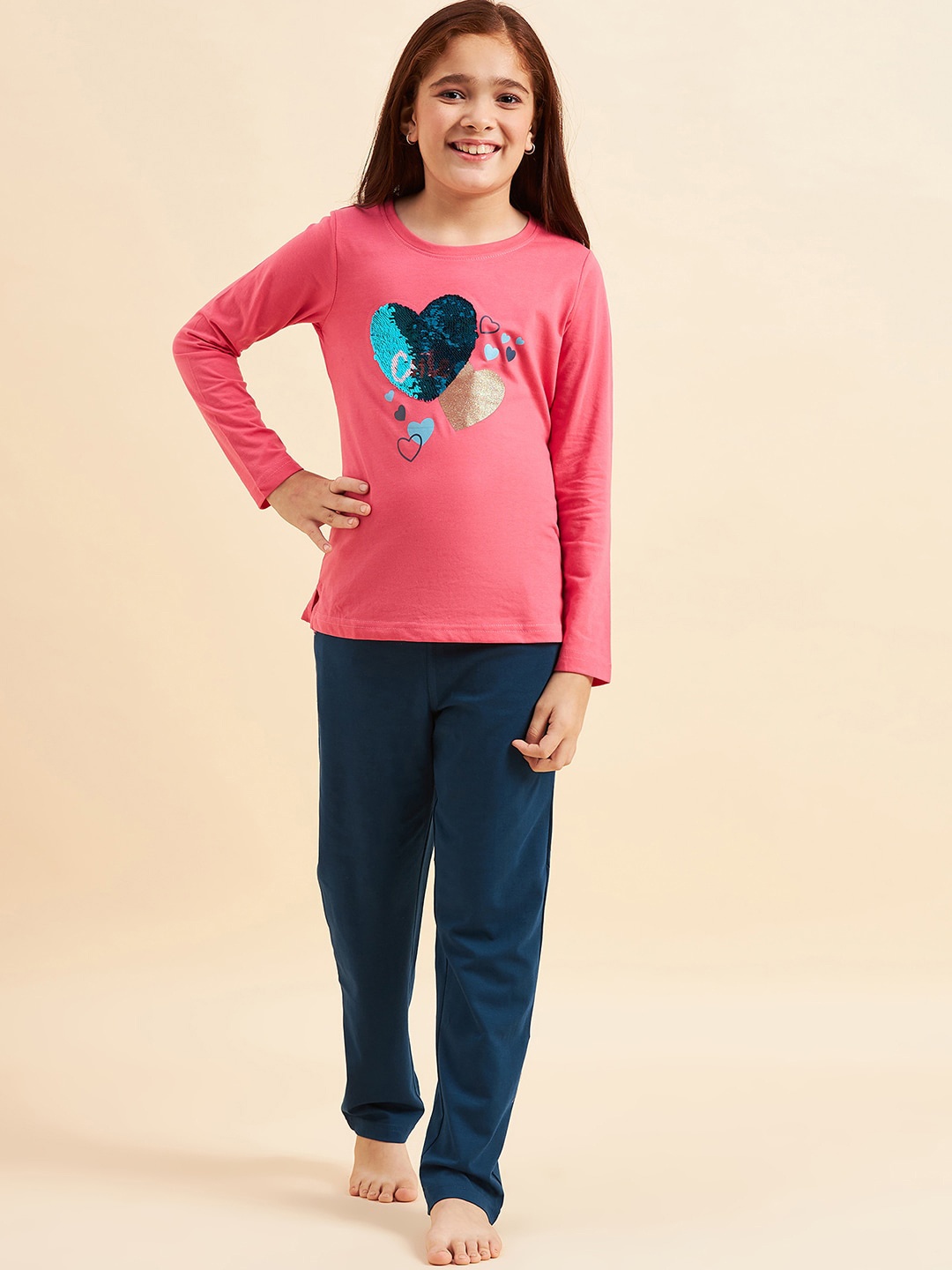 

Sweet Dreams Girls Printed T-hirt And Pyjama Night Suit, Pink