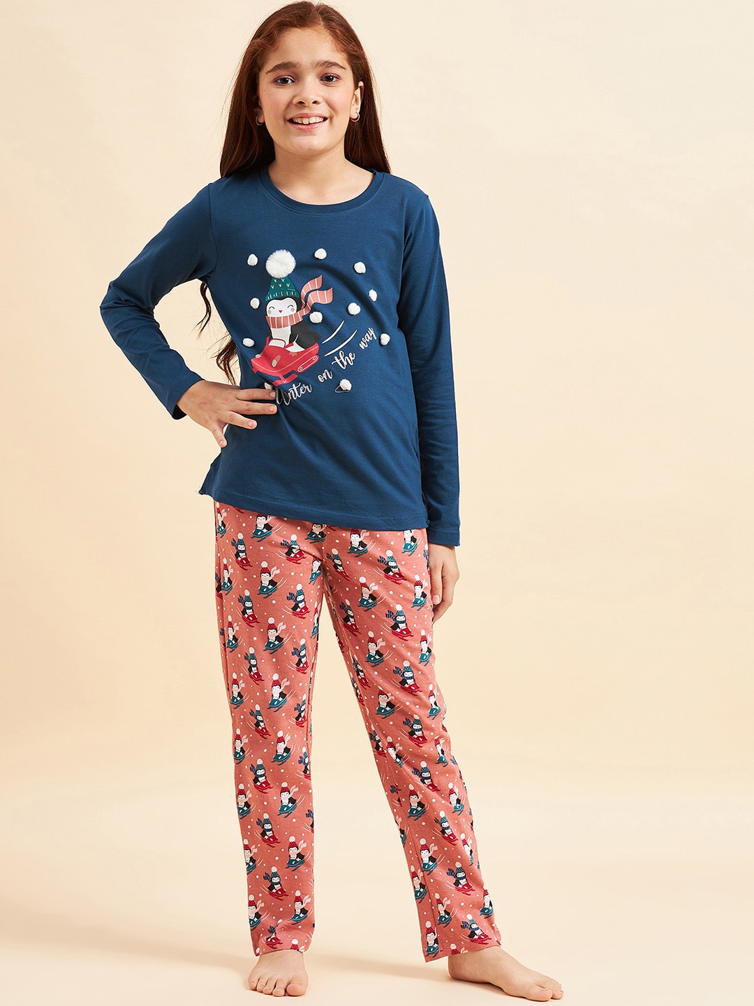 

Sweet Dreams Girls Graphic Printed Night Suit, Navy blue