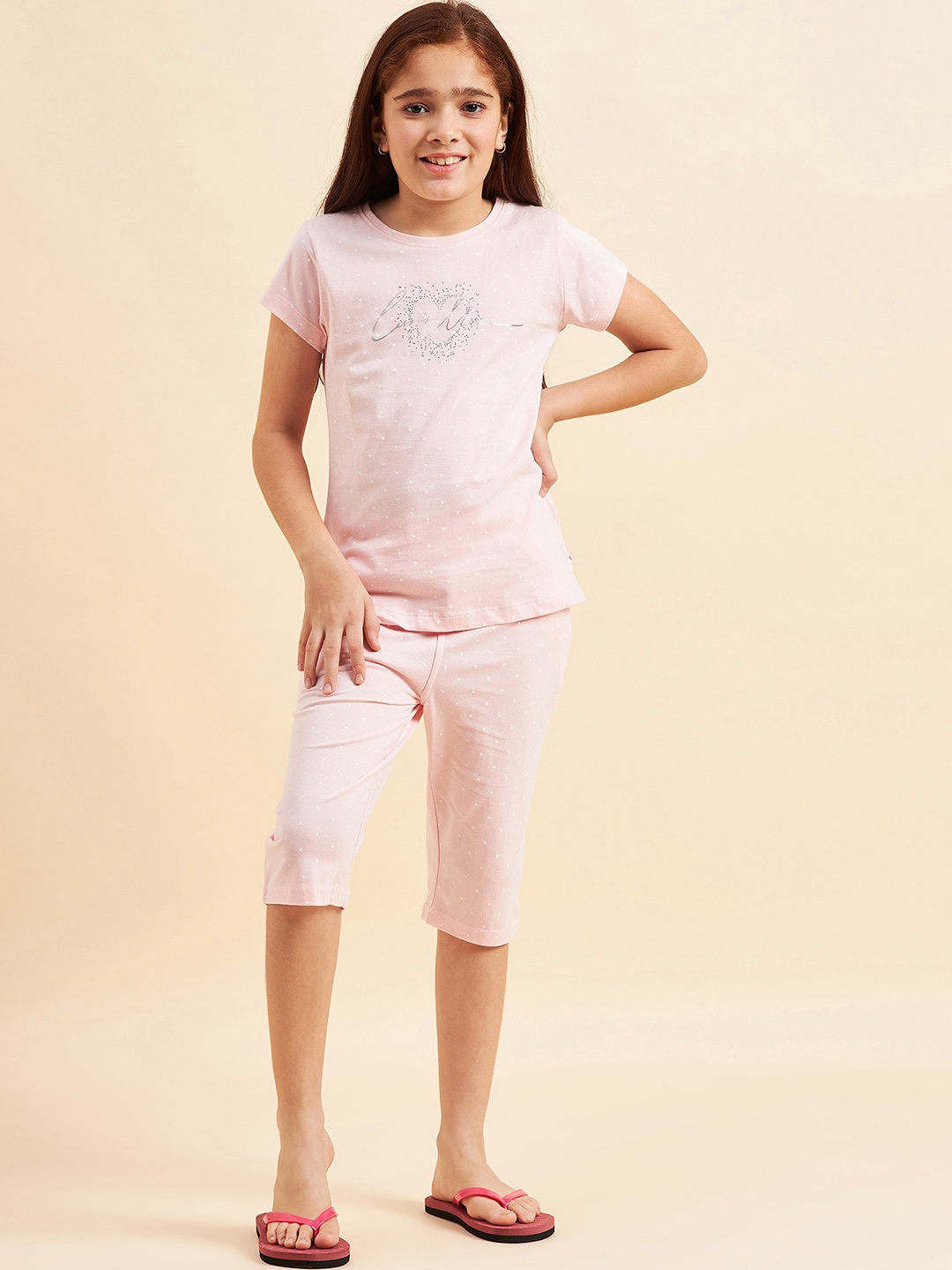 

Sweet Dreams Girls Polka Dots Printed Pure Cotton Night suit, Pink