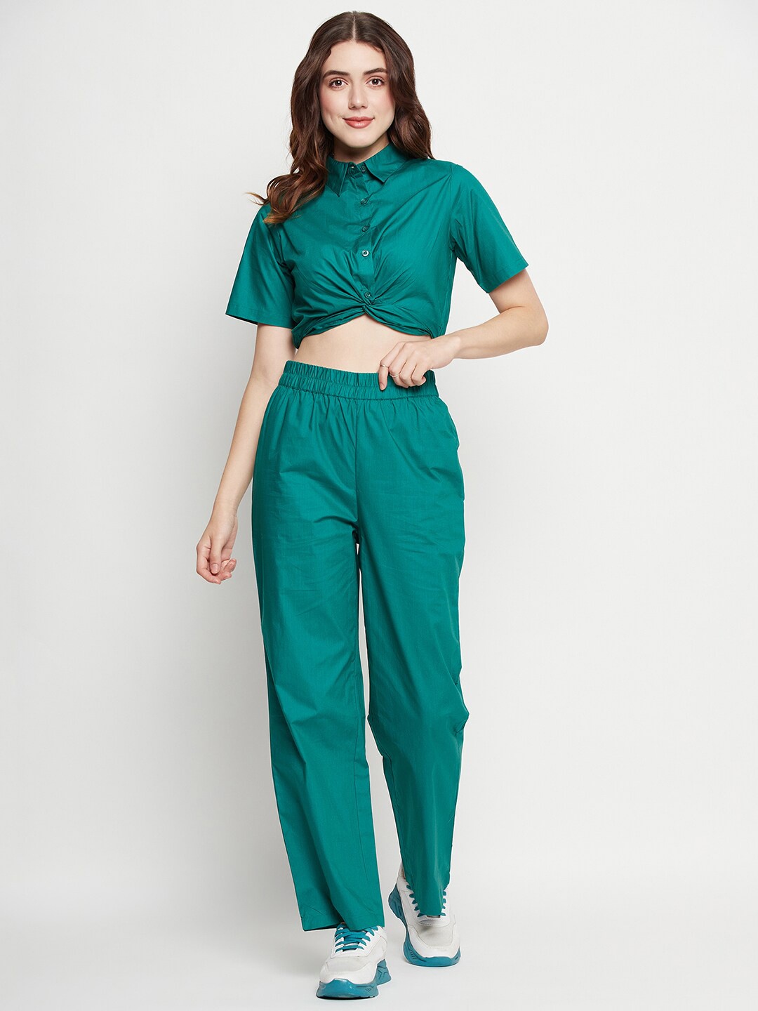 

CAMLA Shirt Collar Short Sleeves Twisted Crop Shirt With Trouser, Teal