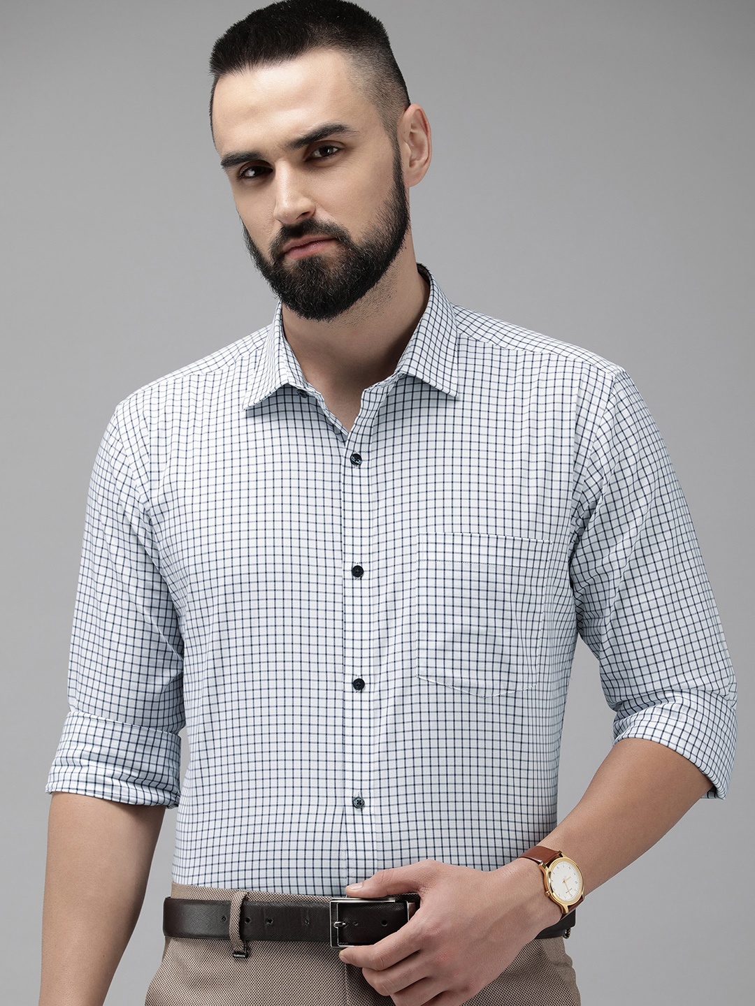 

Park Avenue Slim Fit Pure Cotton Checked Formal Shirt, Blue