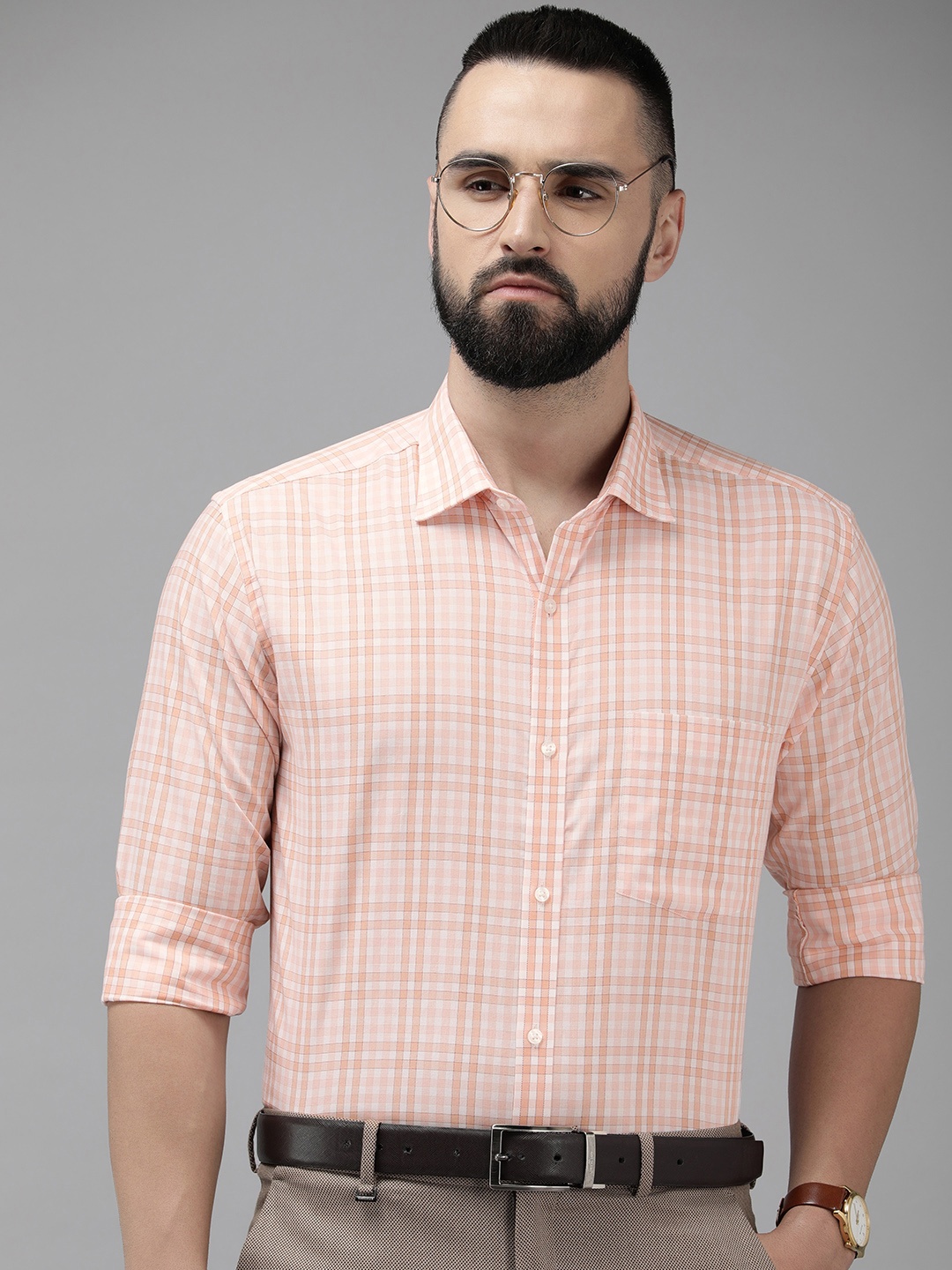 

Park Avenue Slim Fit Pure Cotton Checked Formal Shirt, Orange