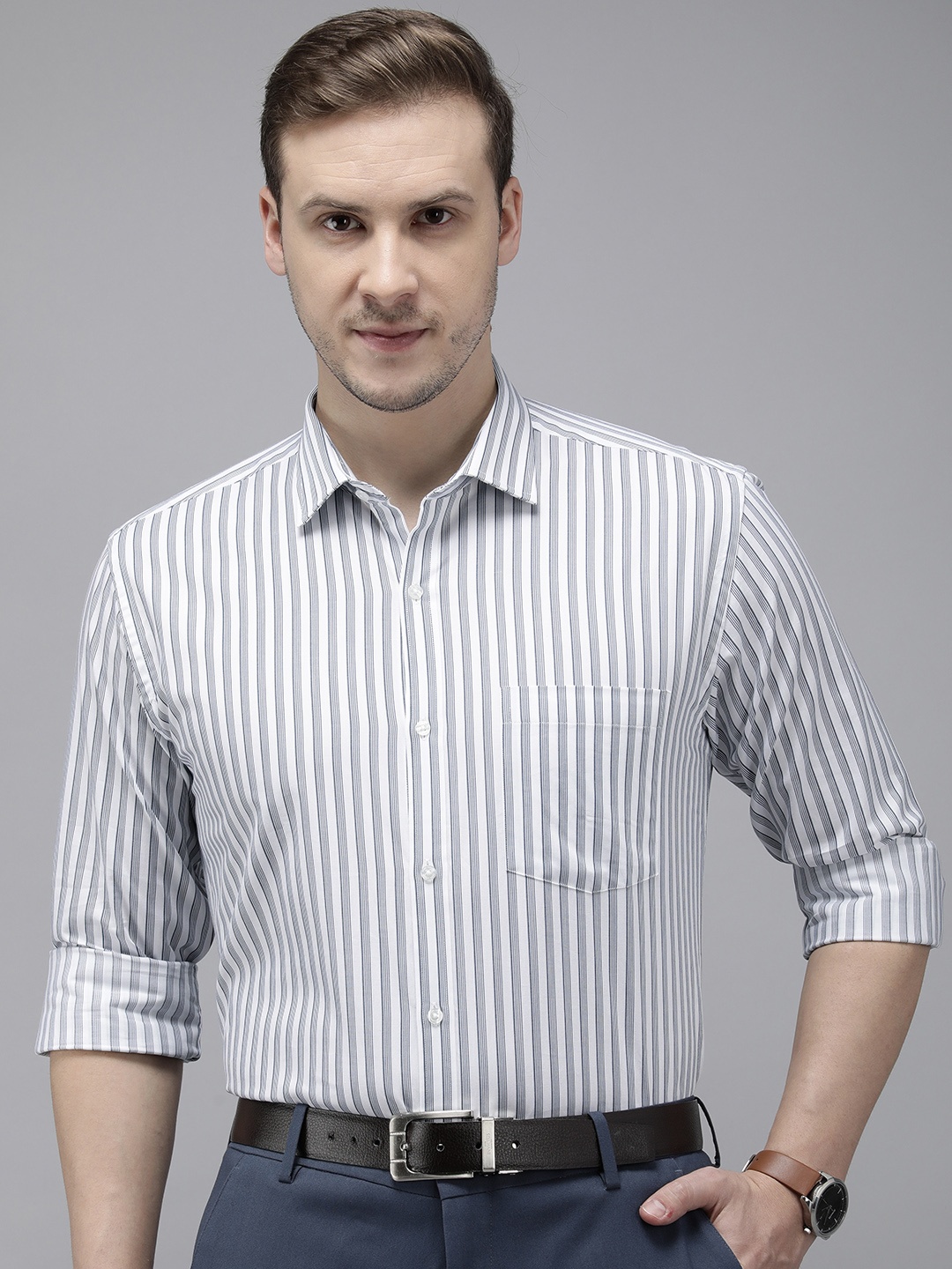 

Park Avenue Pure Cotton Slim Fit Striped Formal Shirt, Blue