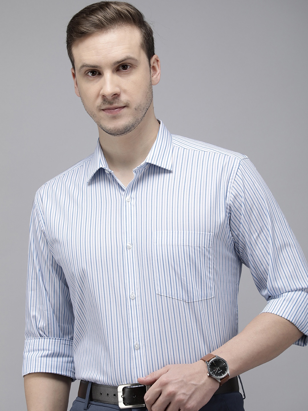 

Park Avenue Pure Cotton Slim Fit Opaque Striped Formal Shirt, Blue
