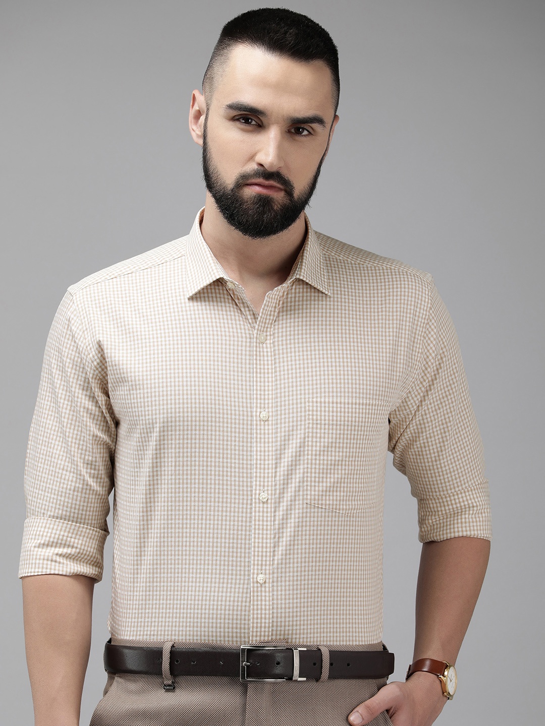 

Park Avenue Slim Fit Pure Cotton Self-Checked Formal Shirt, Beige