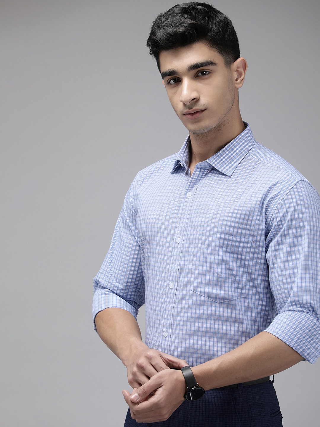 

Park Avenue Men Slim Fit Grid Tattersall Checks Pure Cotton Formal Shirt, Blue