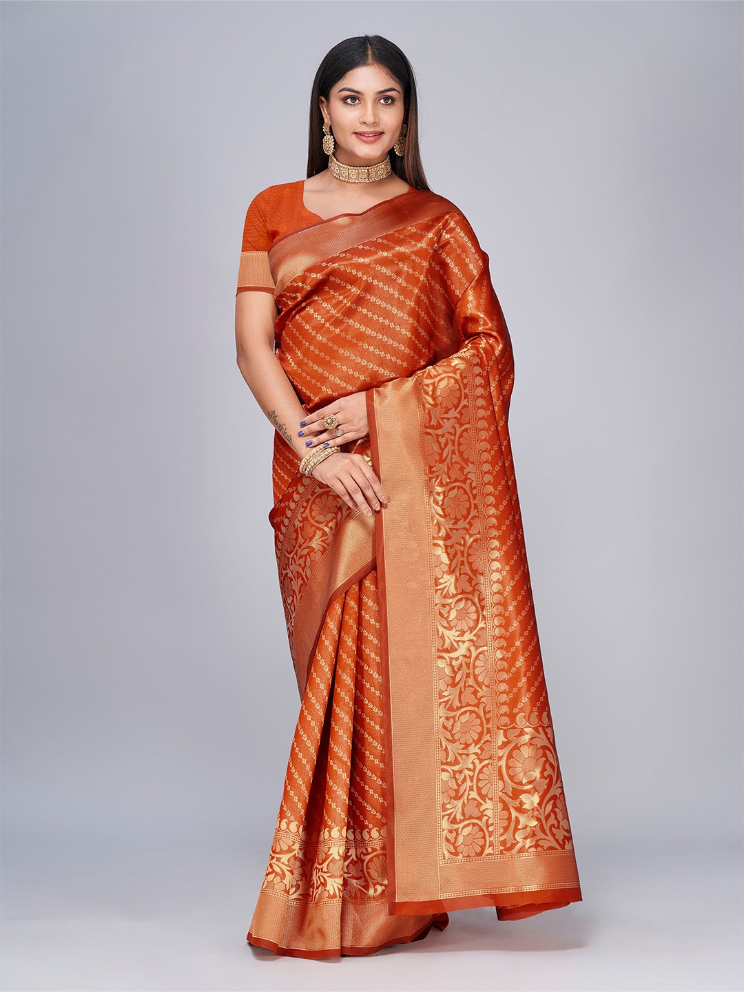 

choiceit Woven Design Zari Silk Blend Banarasi Saree, Orange