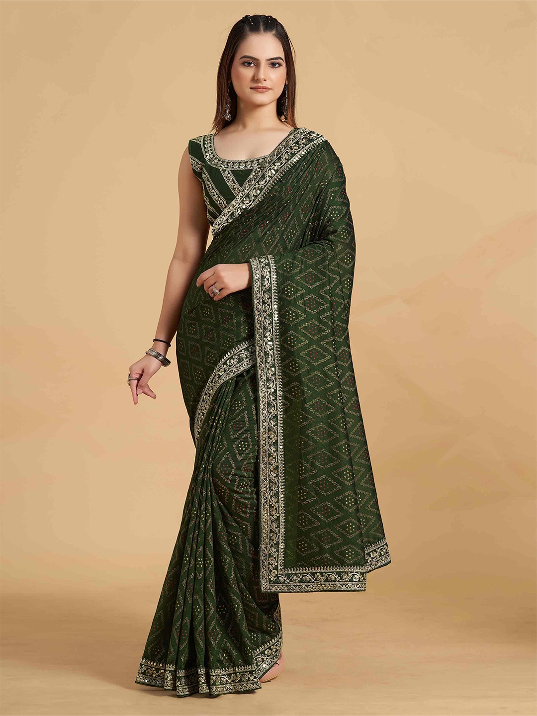 

choiceit Ethnic Motifs Printed Embroidered Saree, Olive