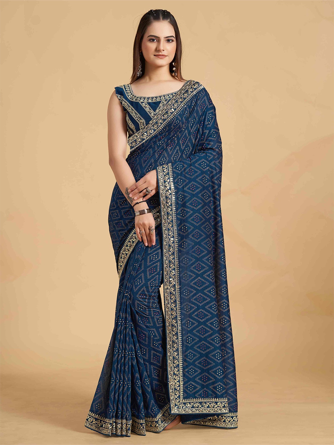 

choiceit Bandhani Printed Embroidered Leheriya Saree, Navy blue