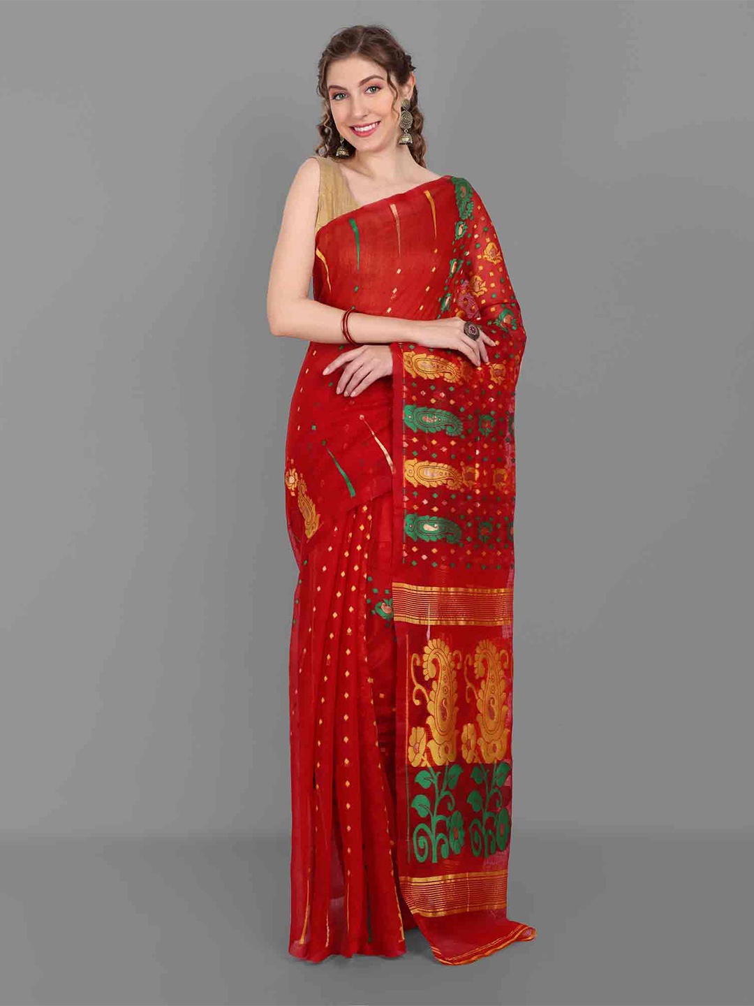 

choiceit Ethnic Motifs Woven Design Jamdani Saree, Red