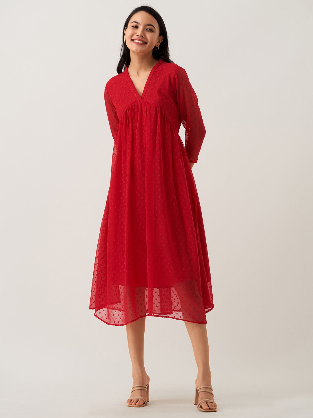 

AASK Self Design V-Neck Gathered A-Line Midi Dress, Red