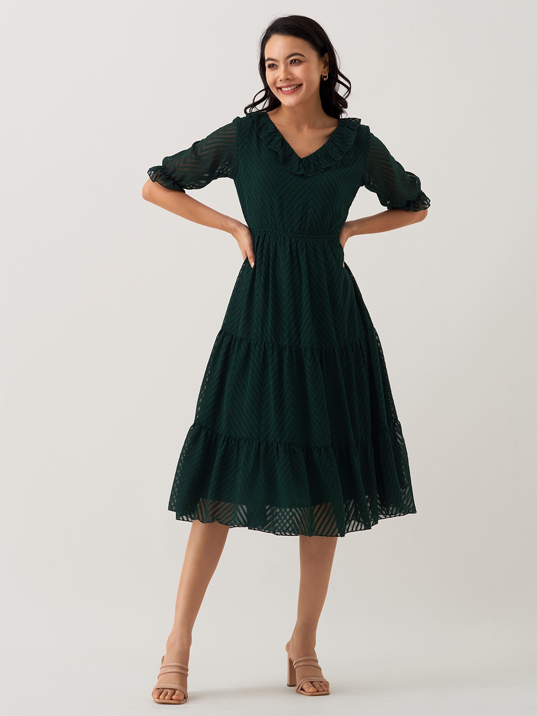 

AASK Self Design Ruffles Tiered Fit & Flare Midi Dress, Green