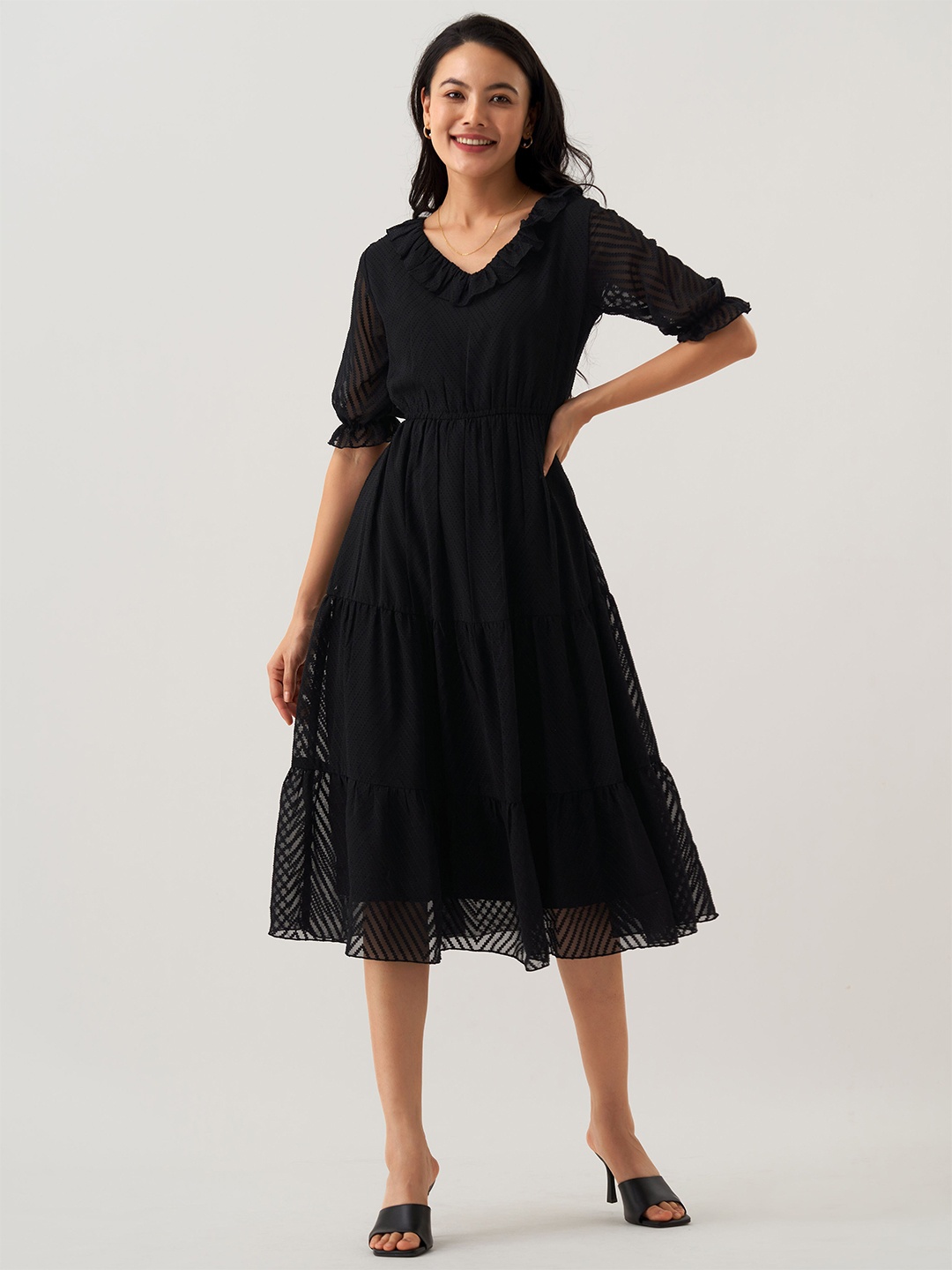 

AASK Self Design Ruffles Tiered Fit & Flare Midi Dress, Black