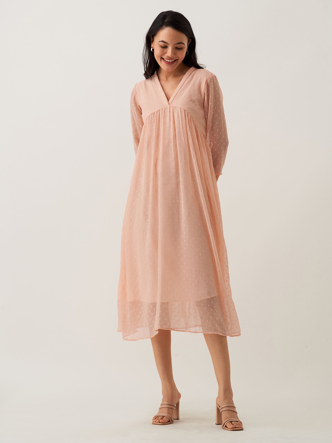 

AASK Self Design V-Neck Crepe Empire Midi Dress, Peach