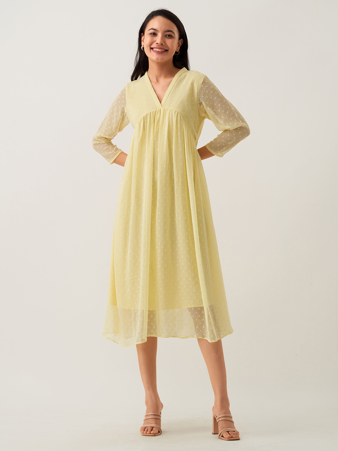 

AASK Self Design V-Neck Gathered Crepe Empire Midi Dress, Yellow