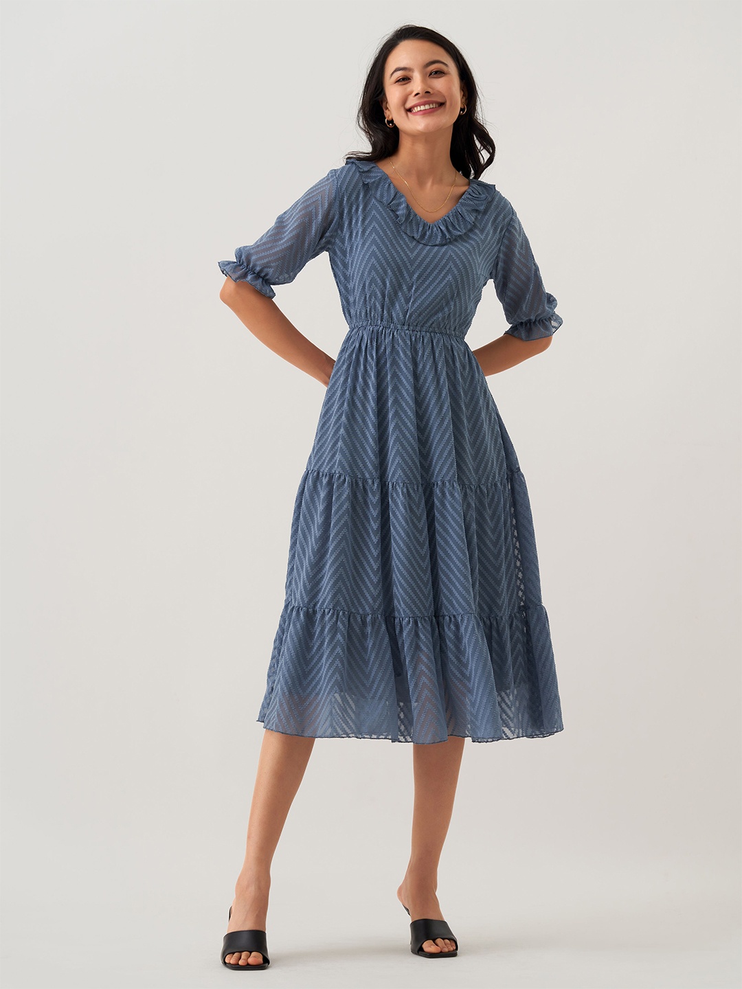 

AASK Self Design Ruffles Tiered Fit & Flare Midi Dress, Blue