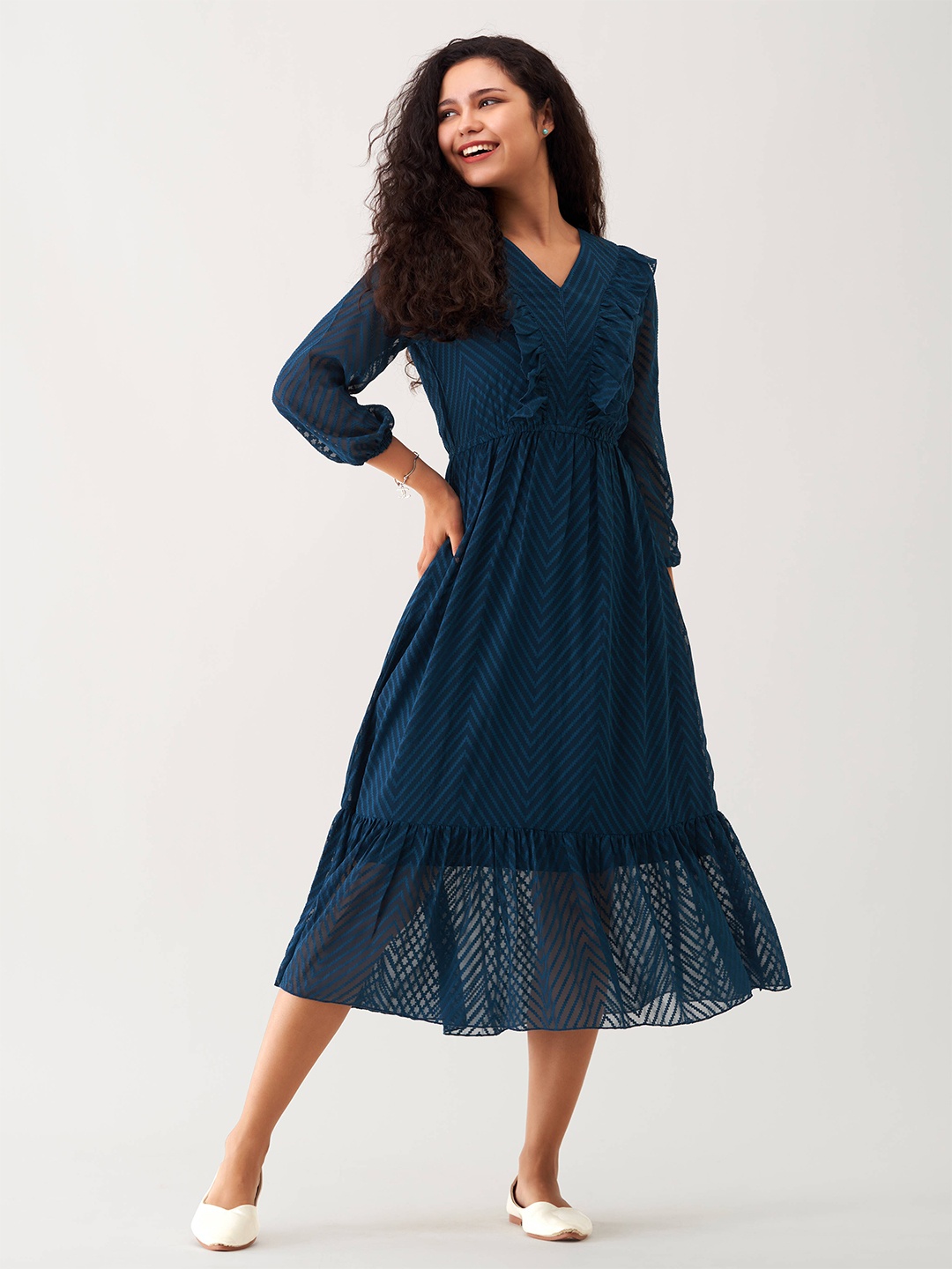 

AASK Self Design Gathered Fit & Flare Midi Dress, Teal