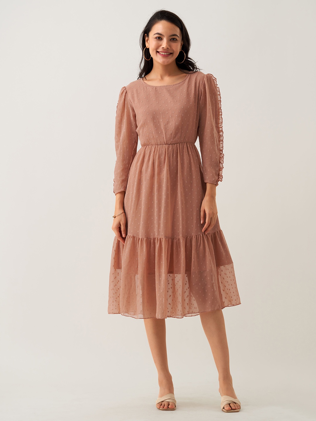 

AASK Self Design Puff Sleeves Tiered Crepe Fit and Flare Midi Dress, Beige