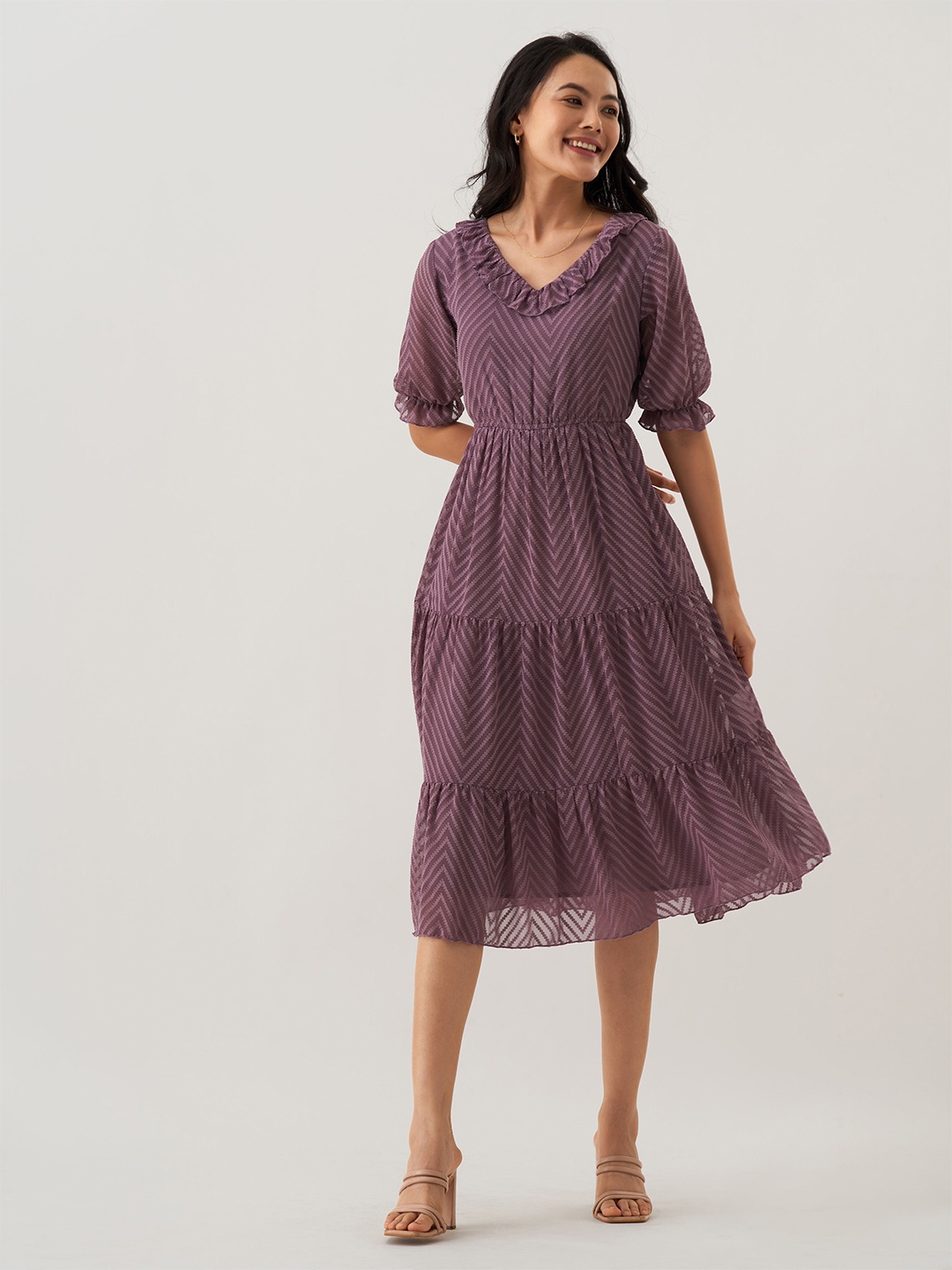 

AASK Self Design Ruffles Tiered Fit & Flare Midi Dress, Purple