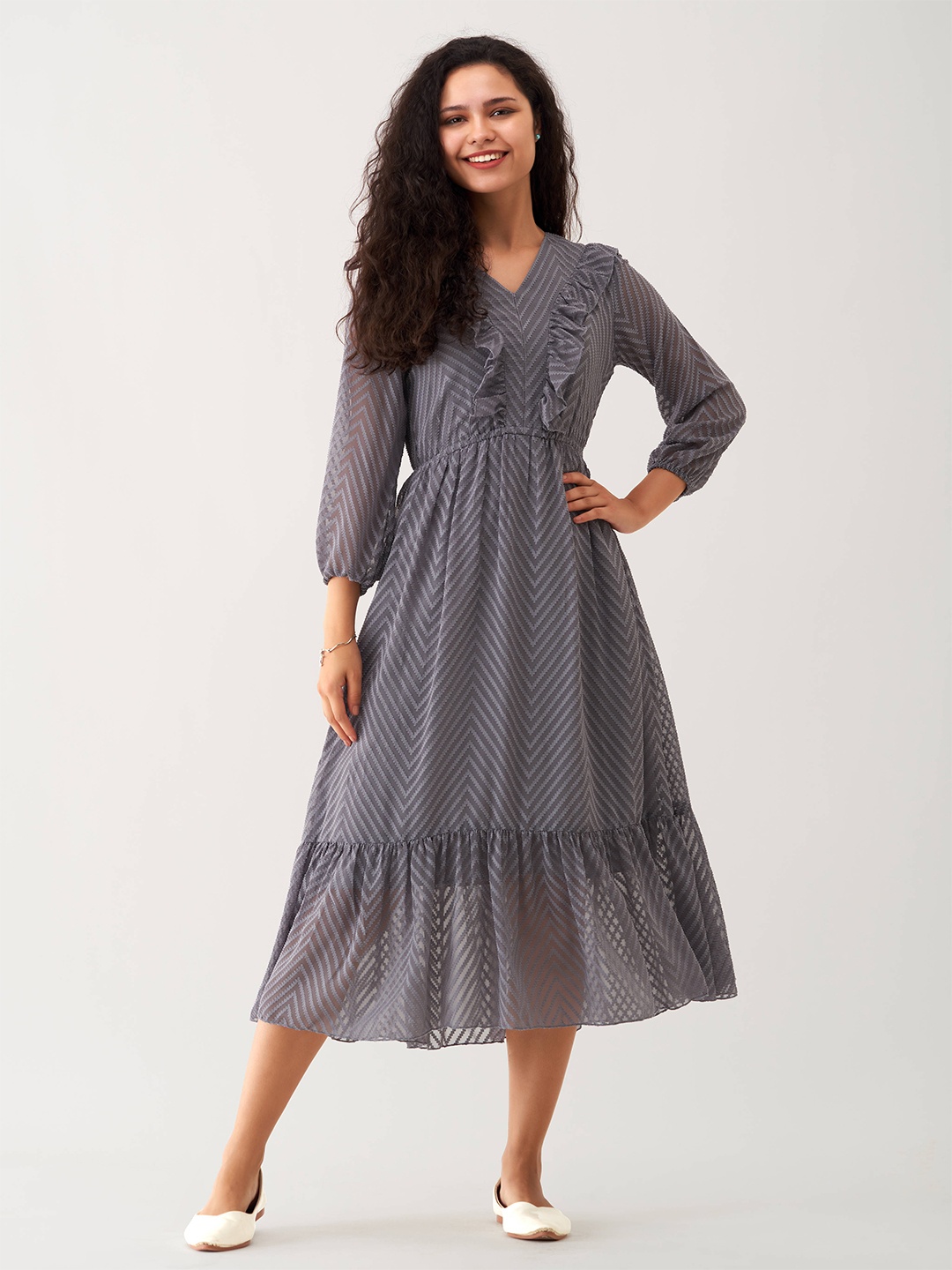 AASK Self Design Ruffles Fit & Flare Midi Dress, Grey