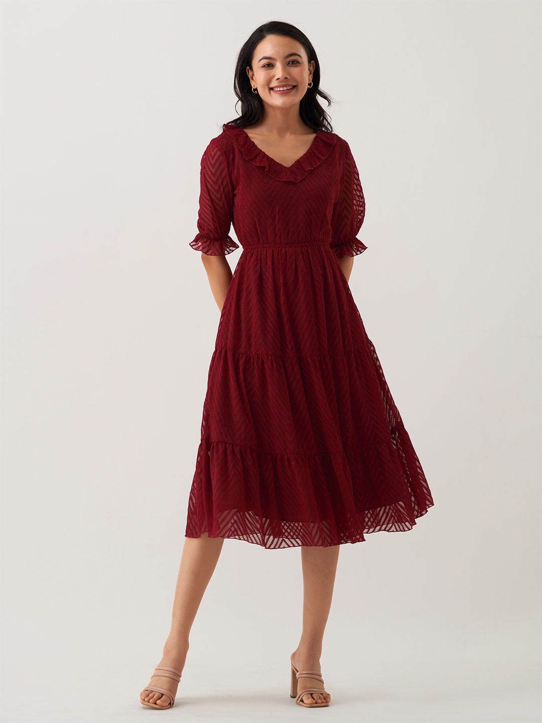 

AASK Self Design Gathered Tiered Fit & Flare Midi Dress, Maroon