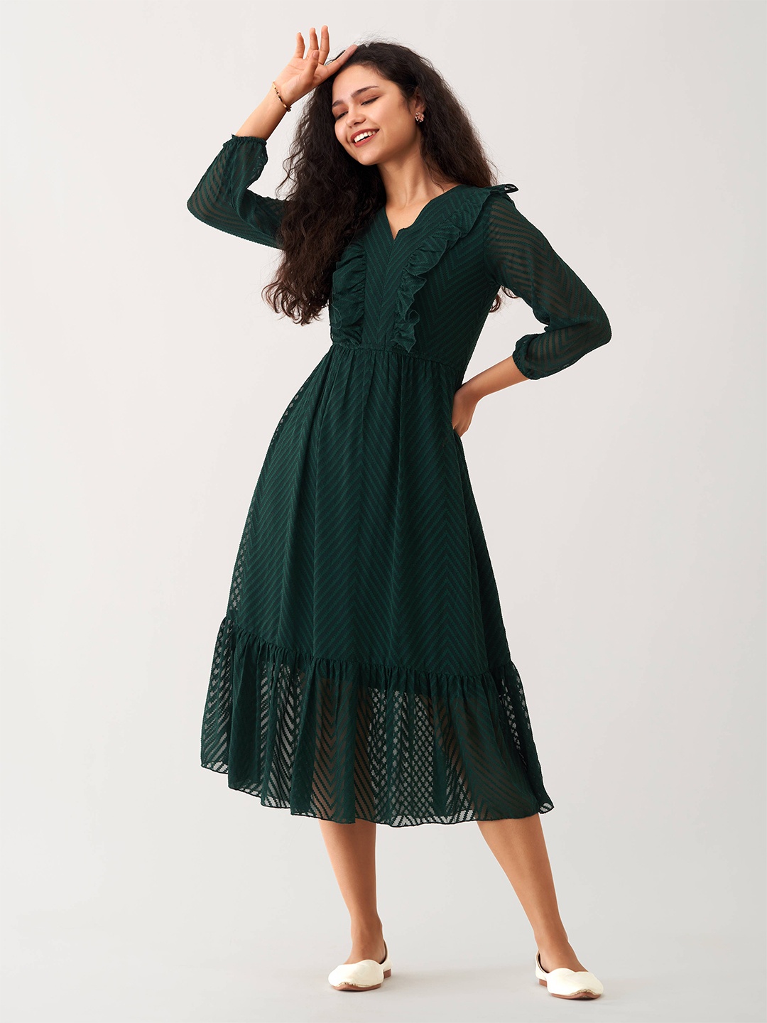 

AASK Self Design Ruffled Crepe Fit & Flare Midi Dress, Green