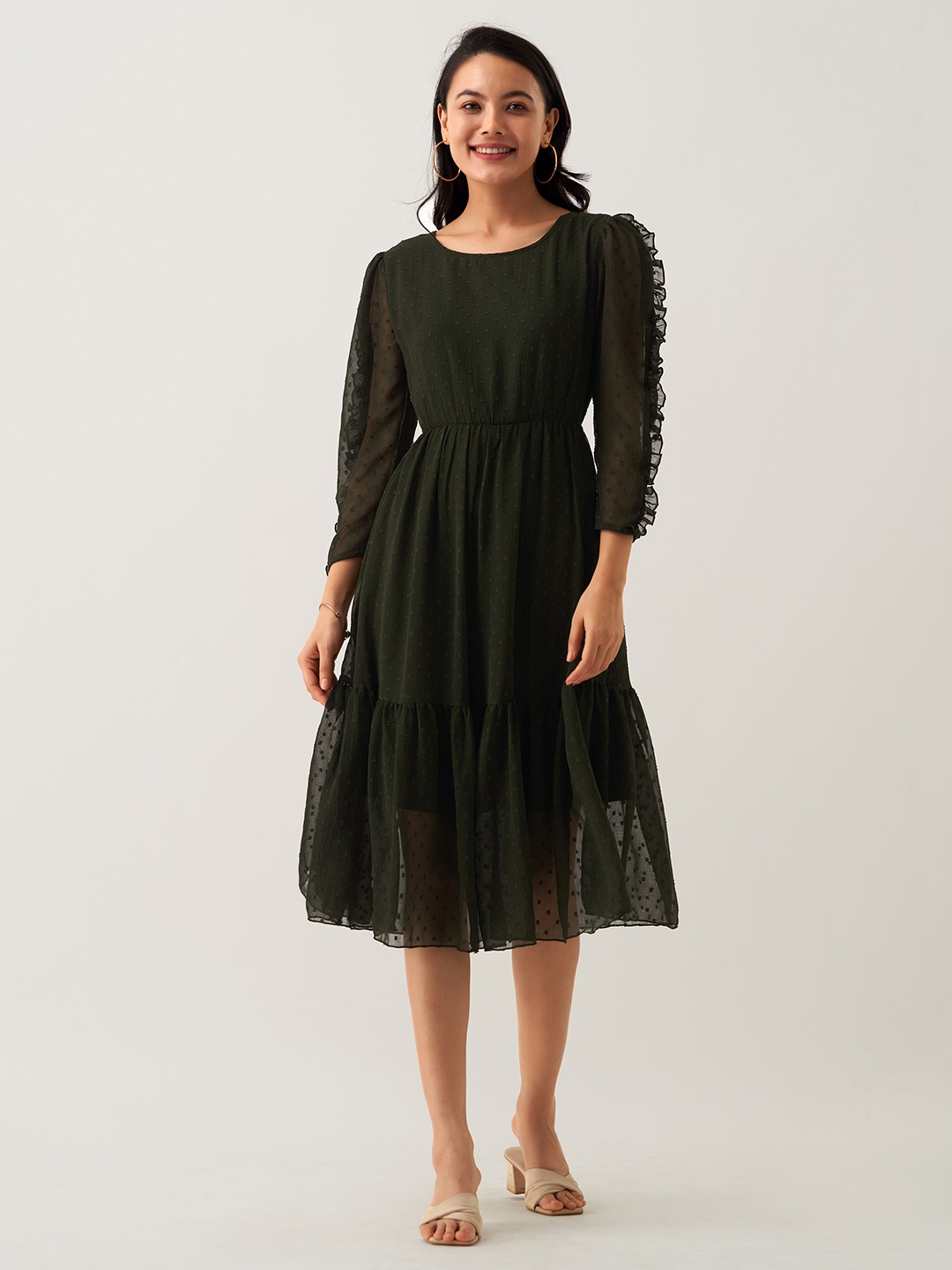 

AASK Self Design Gathered Fit & Flare Midi Dress, Green