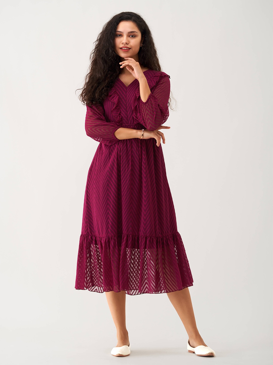 

AASK Self Design Puff Sleeve Gathered Crepe Fit & Flare Midi Dress, Purple