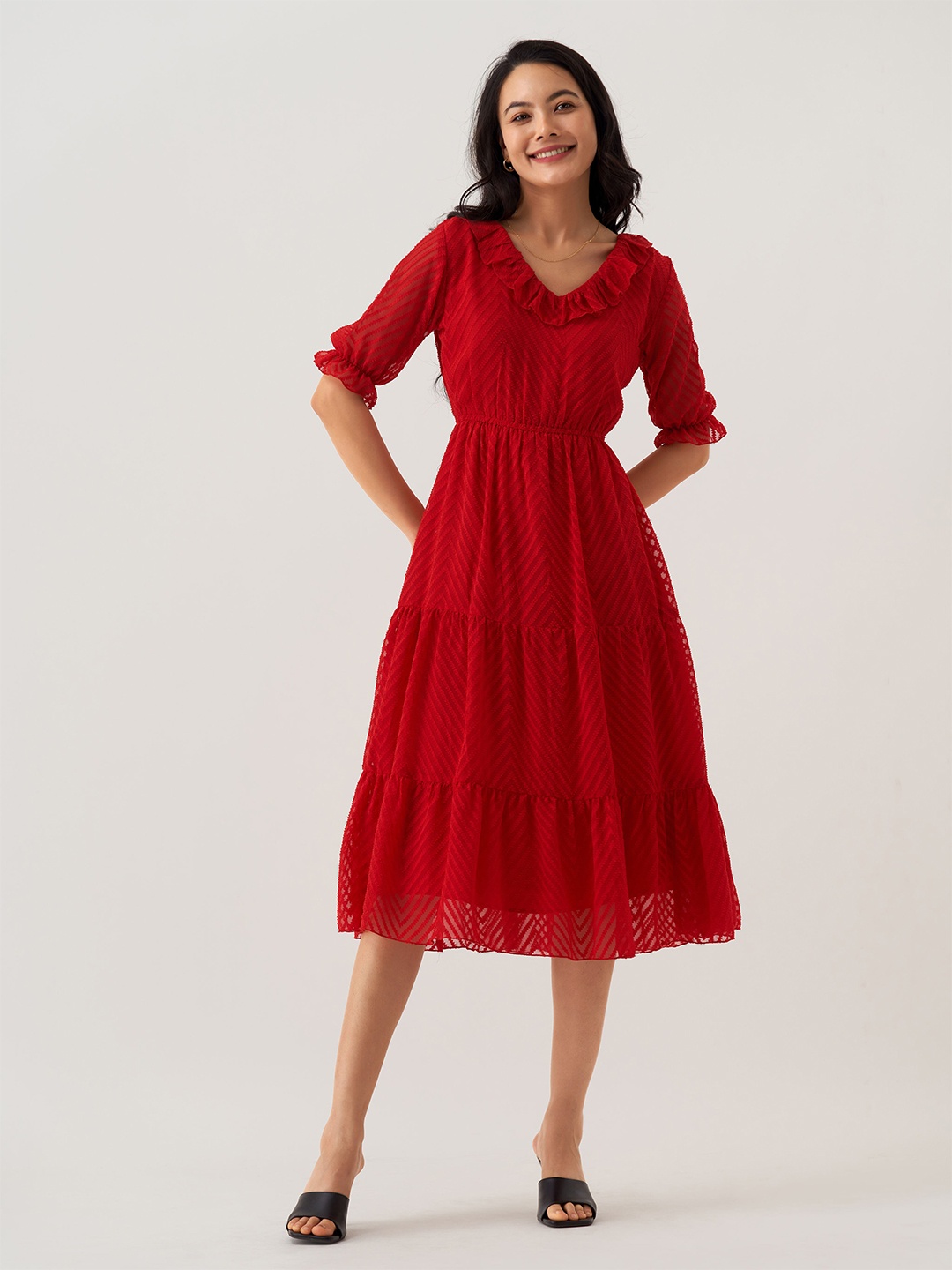 

AASK Self Design Ruffles Tiered Fit & Flare Midi Dress, Red