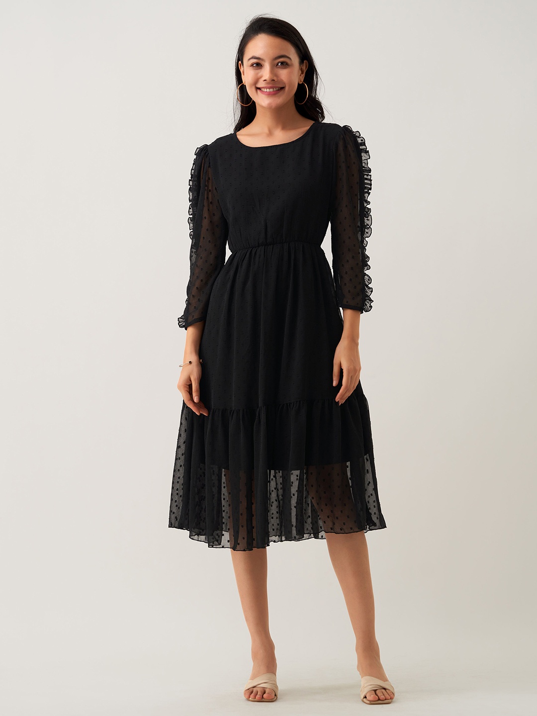 

AASK Self Design Puff Sleeves Tiered Crepe Fit and Flare Midi Dress, Black