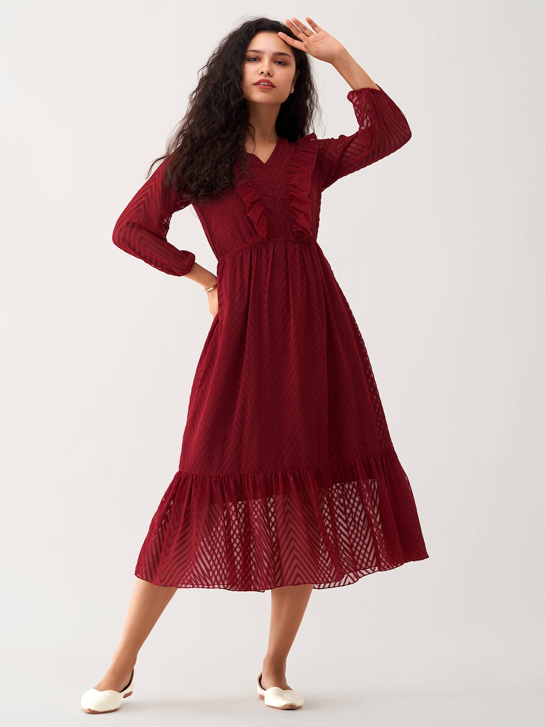 

AASK Self Design Puff Sleeve Gathered Crepe Fit & Flare Midi Dress, Maroon