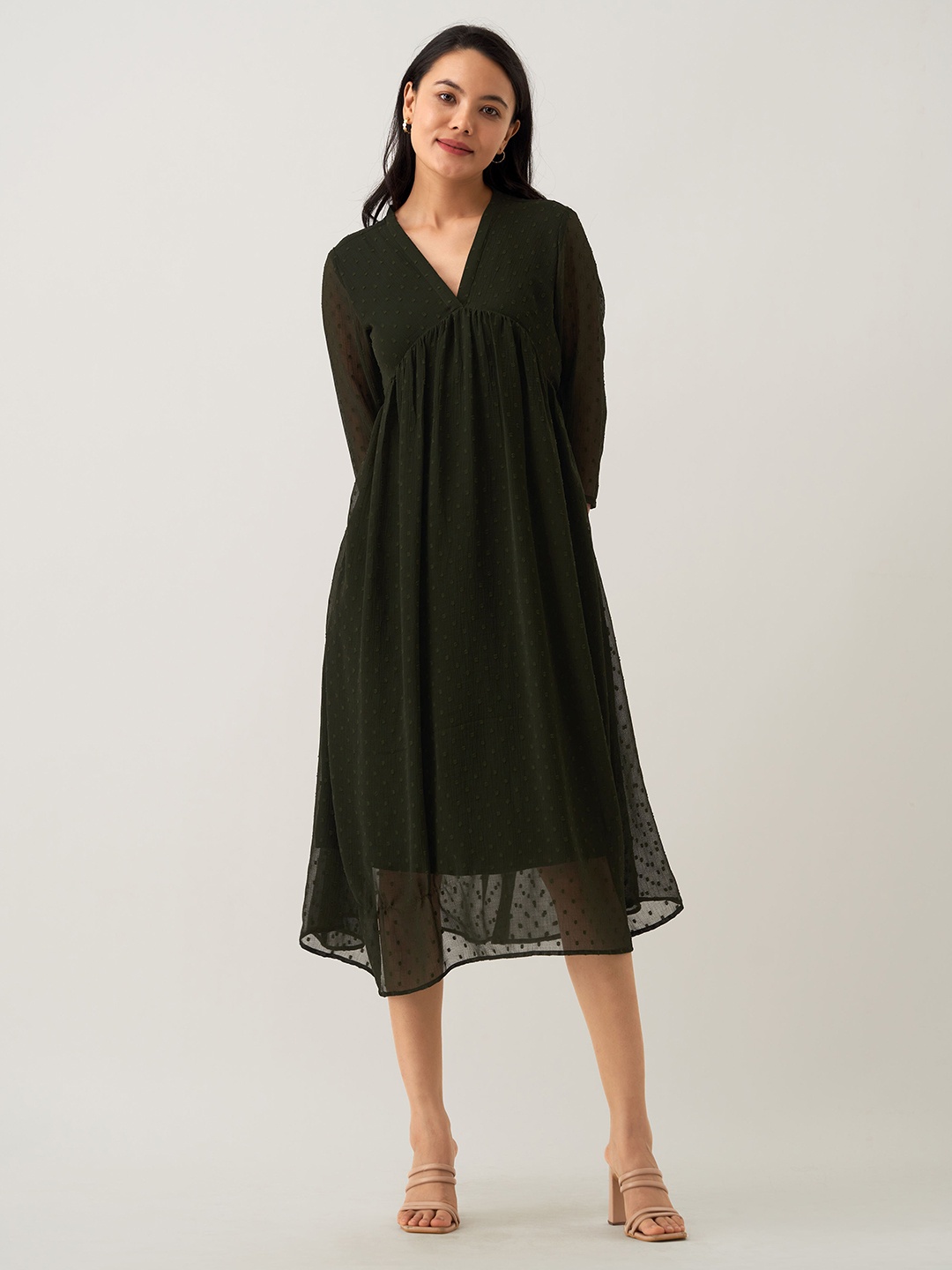 

AASK Self Design Gathered A-Line Midi Dress, Green