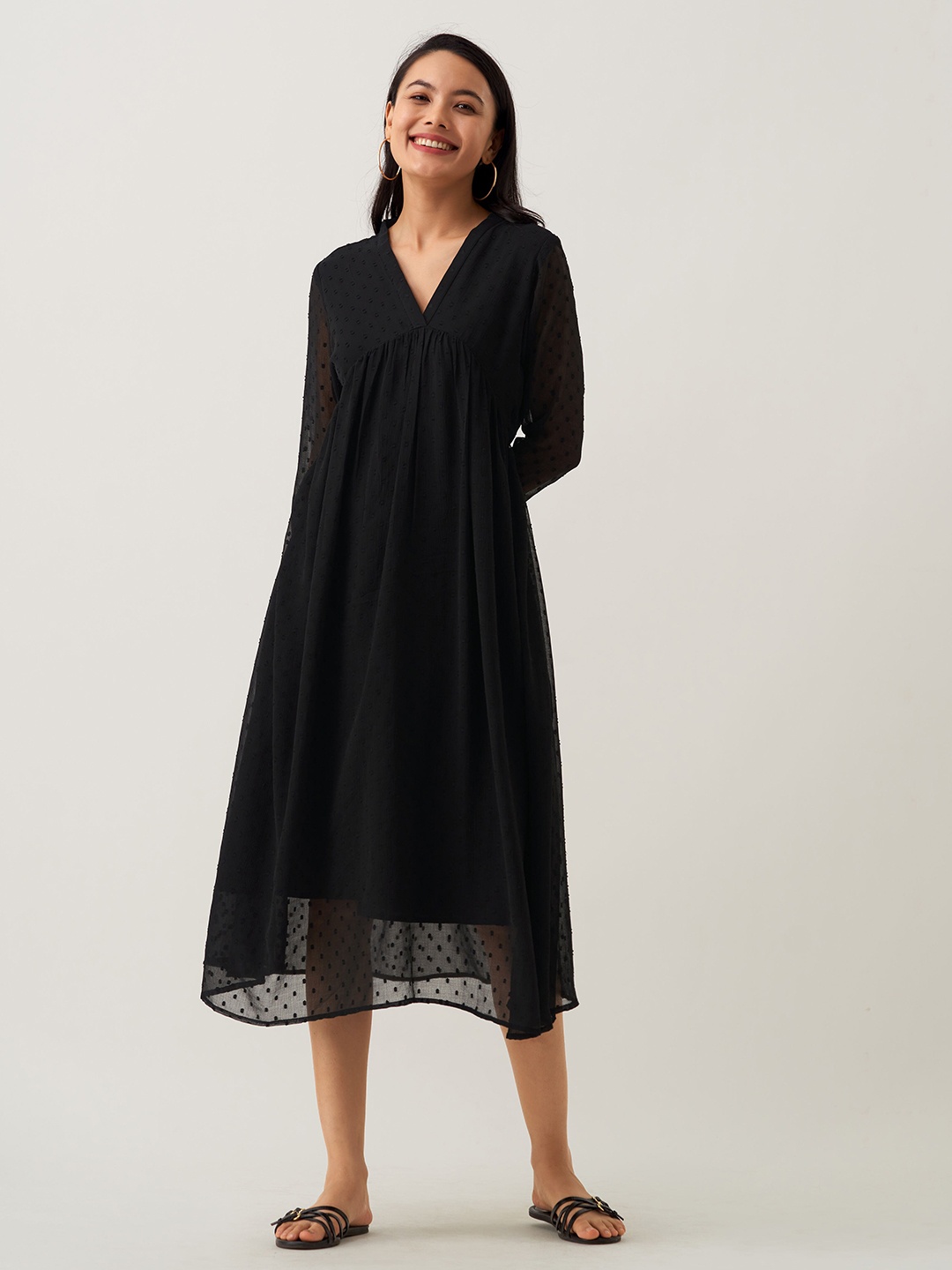 

AASK Self Design V-Neck Gathered A-Line Midi Dress, Black