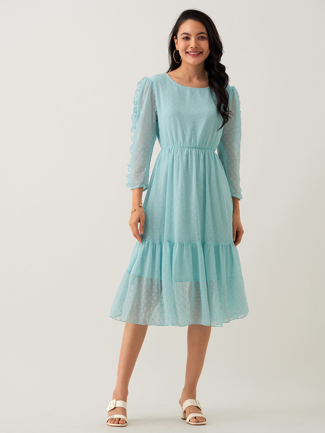 

AASK Self Design Gathered Fit & Flare Midi Dress, Blue