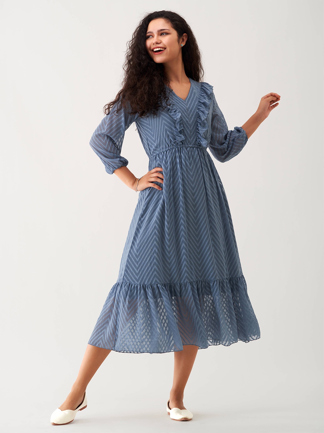

AASK Self Design Puff Sleeve Gathered Crepe Fit & Flare Midi Dress, Blue