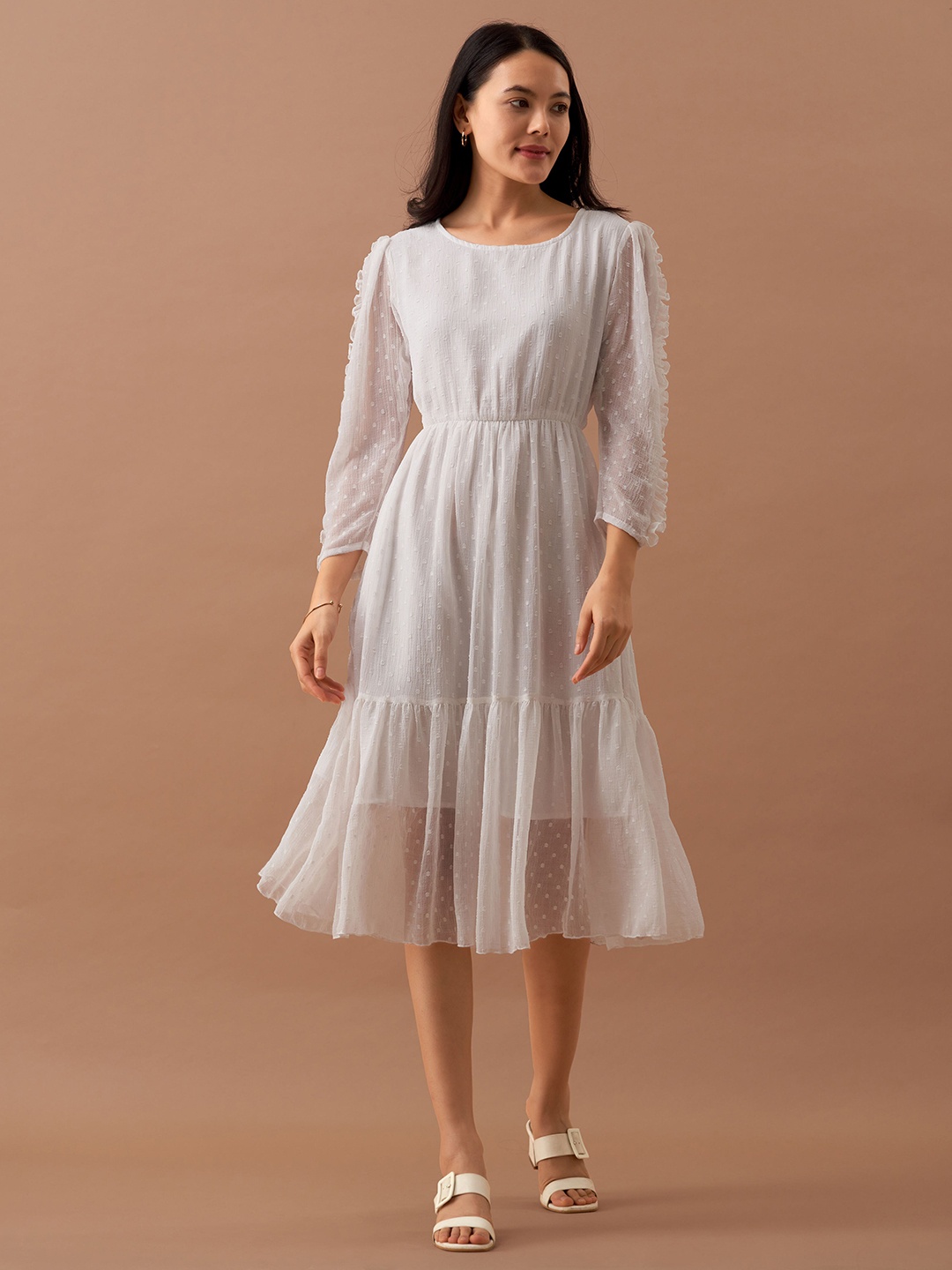 

AASK Self Design Gathered Ruffled Crepe Fit and Flare Midi Dress, White