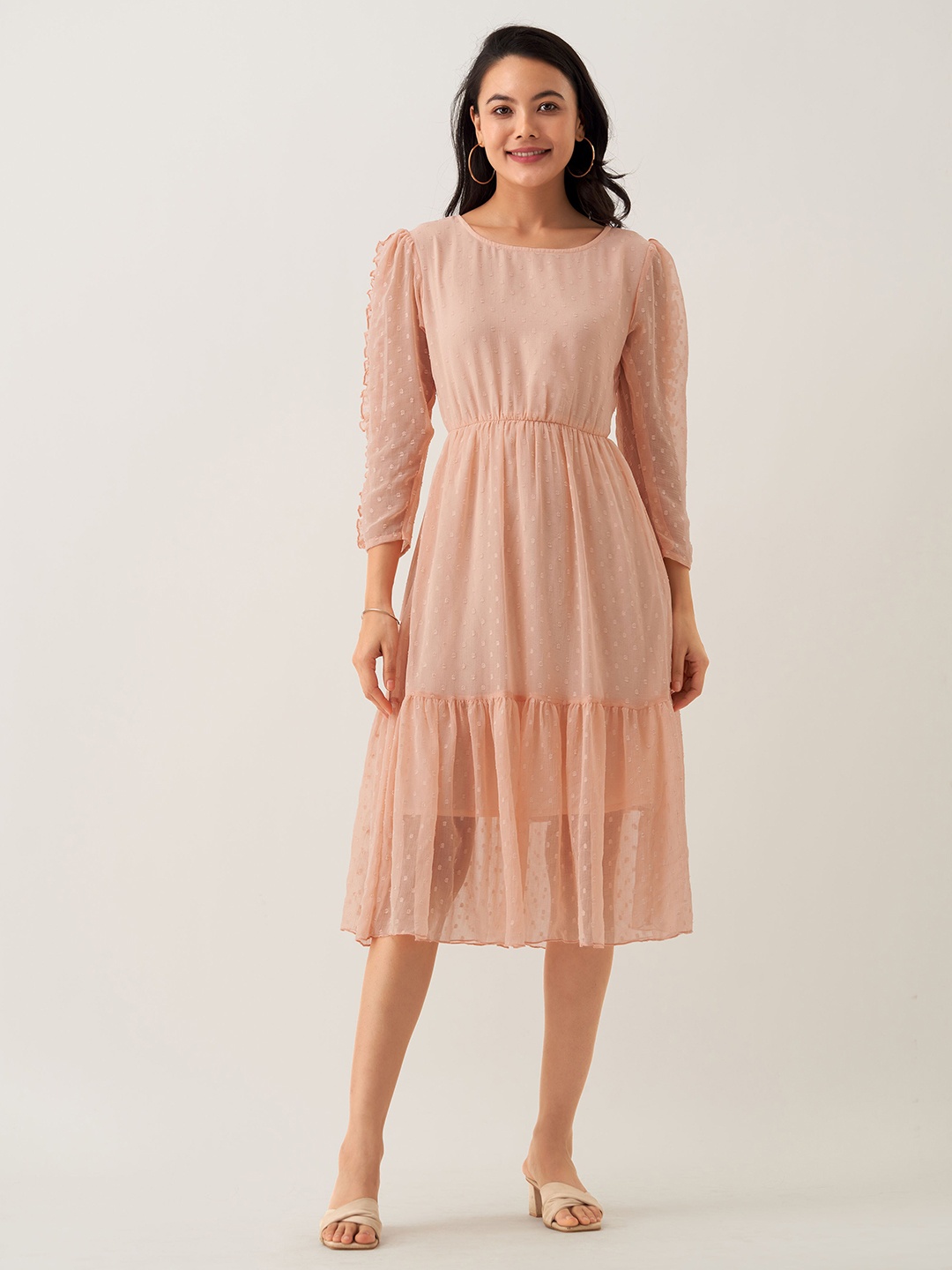 

AASK Self Design Gathered Fit & Flare Midi Dress, Peach