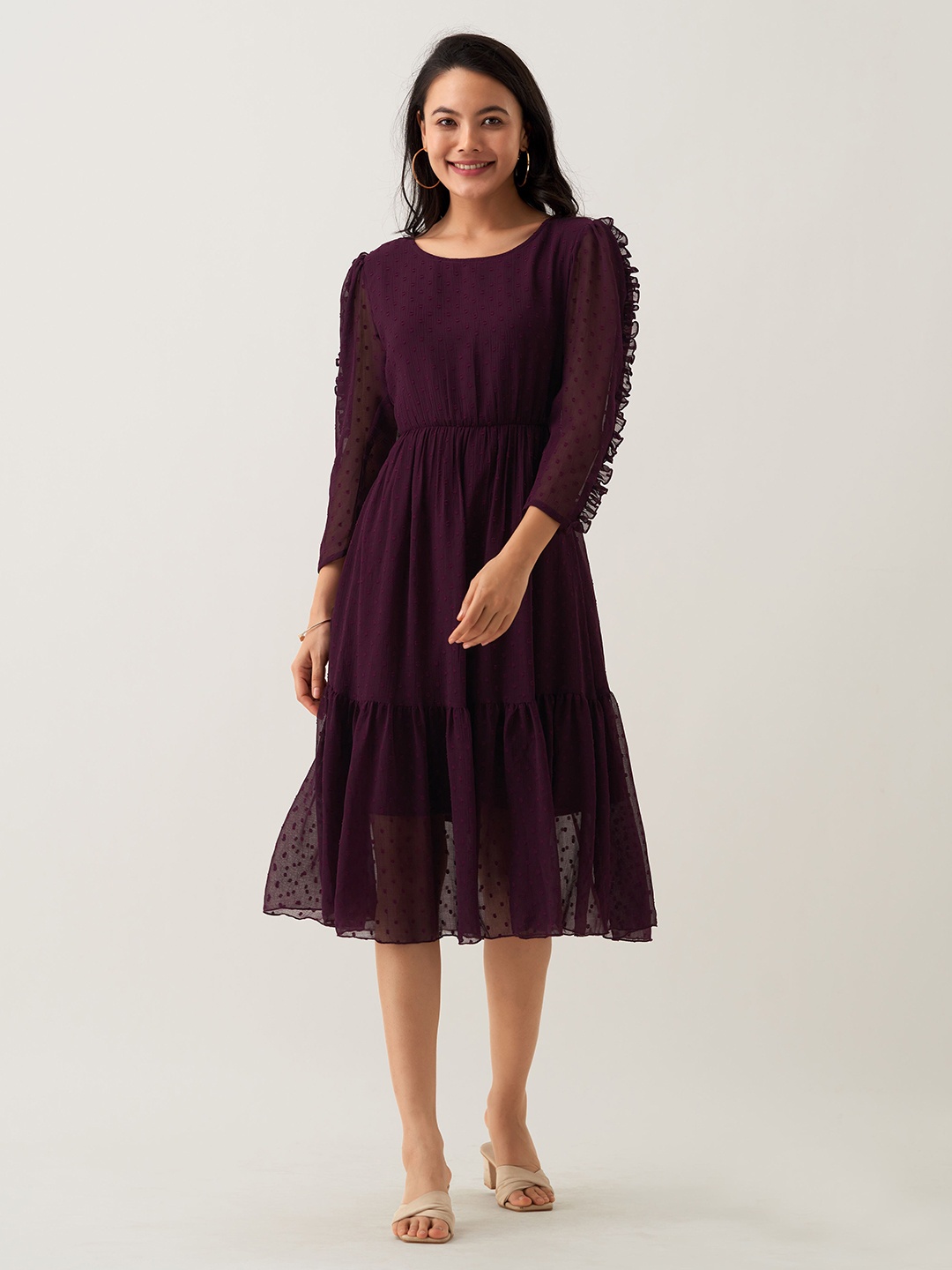 

AASK Self Design Ruffles Fit & Flare Midi Dress, Purple
