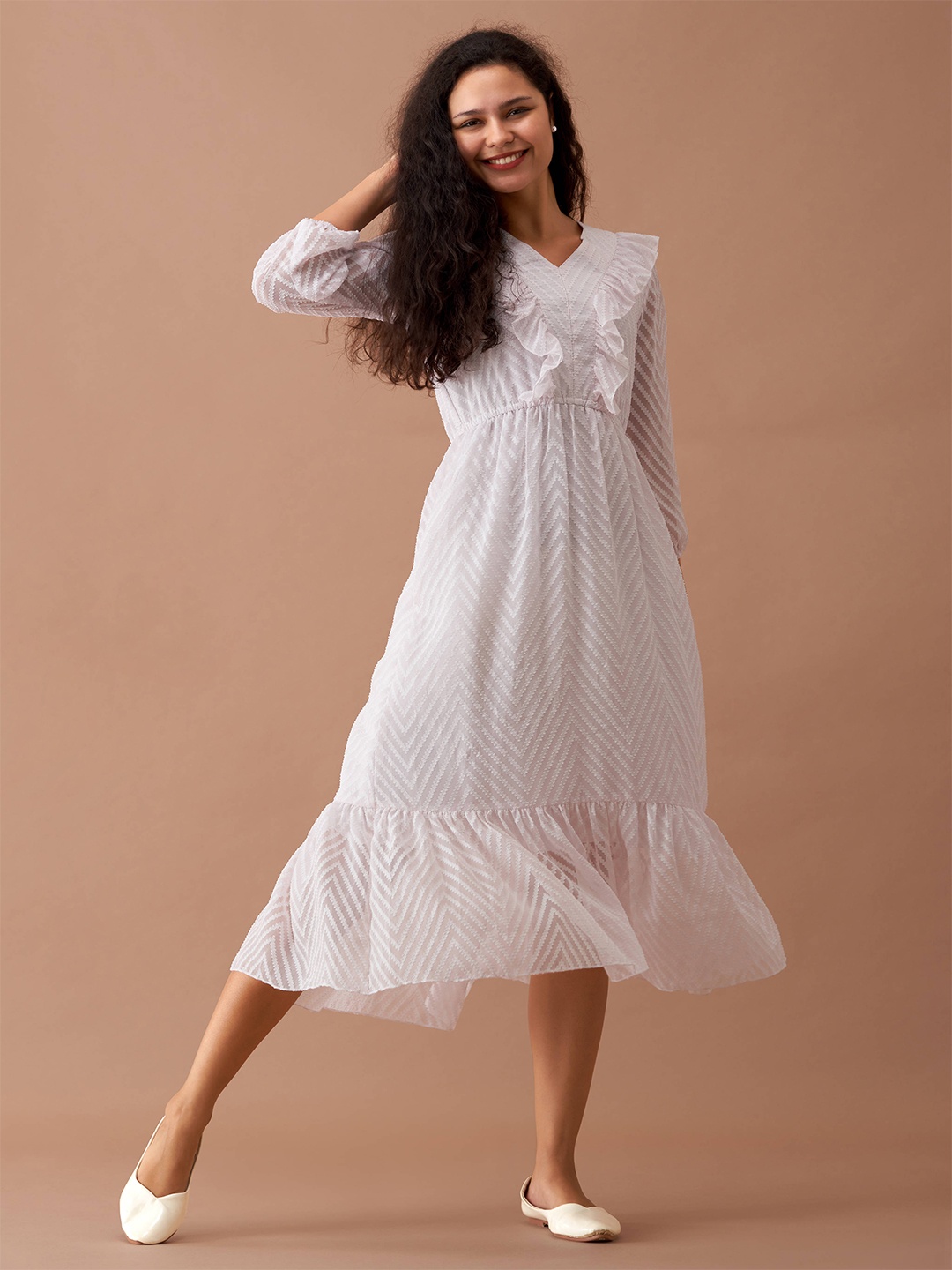 

AASK Self Design Ruffles Fit & Flare Midi Dress, White