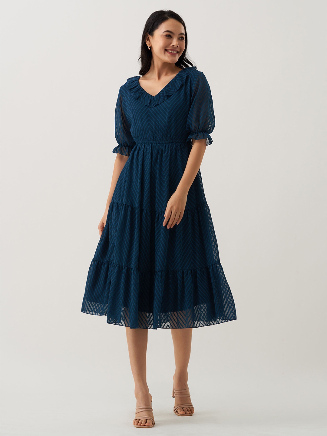 

AASK Self Design Puff Sleeves Crepe Flared Fit & Flare Midi Dress, Teal