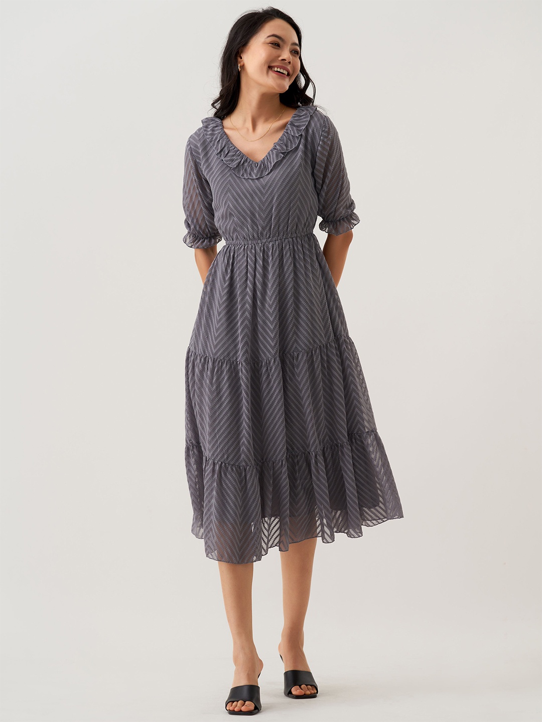 

AASK Self Design V-Neck Puff Sleeve Tiered Gathered Crepe Fit & Flare Midi Dress, Grey