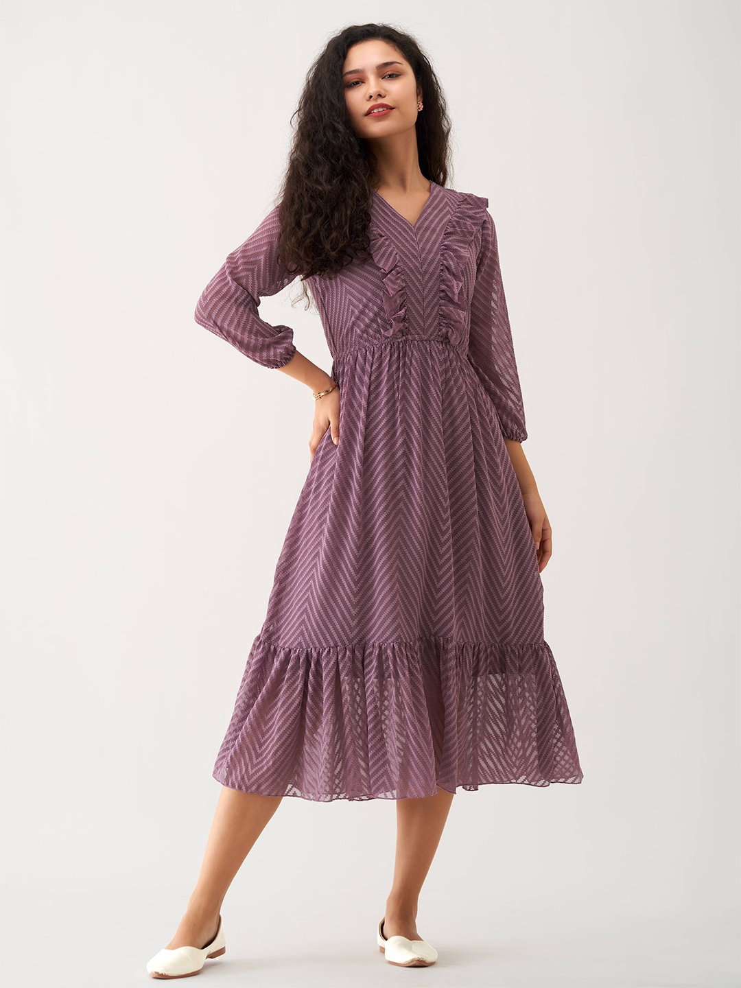 AASK Self Design Ruffles Fit & Flare Midi Dress, Purple