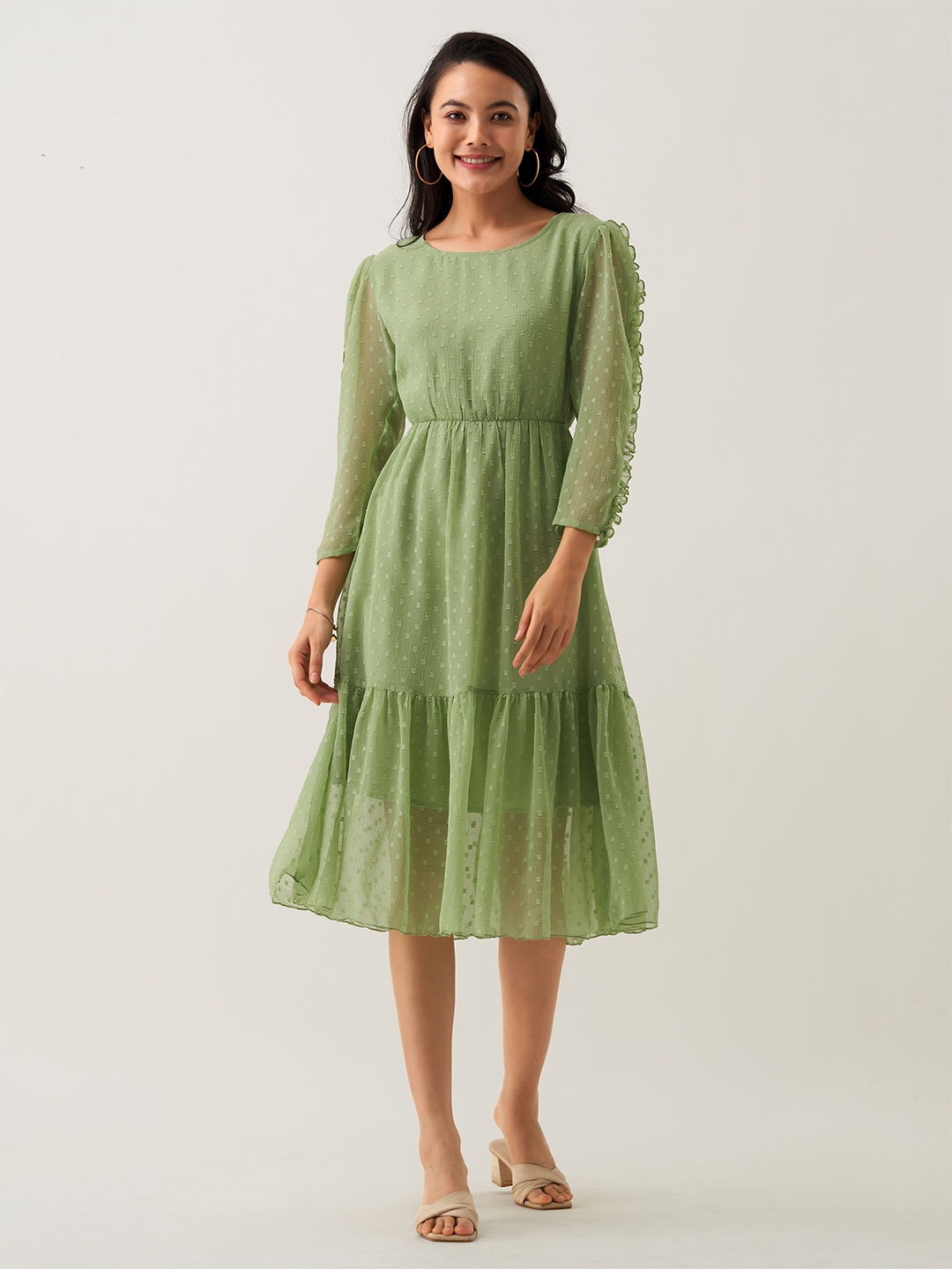 

AASK Self Design Puff Sleeves Tiered Crepe Fit and Flare Midi Dress, Green