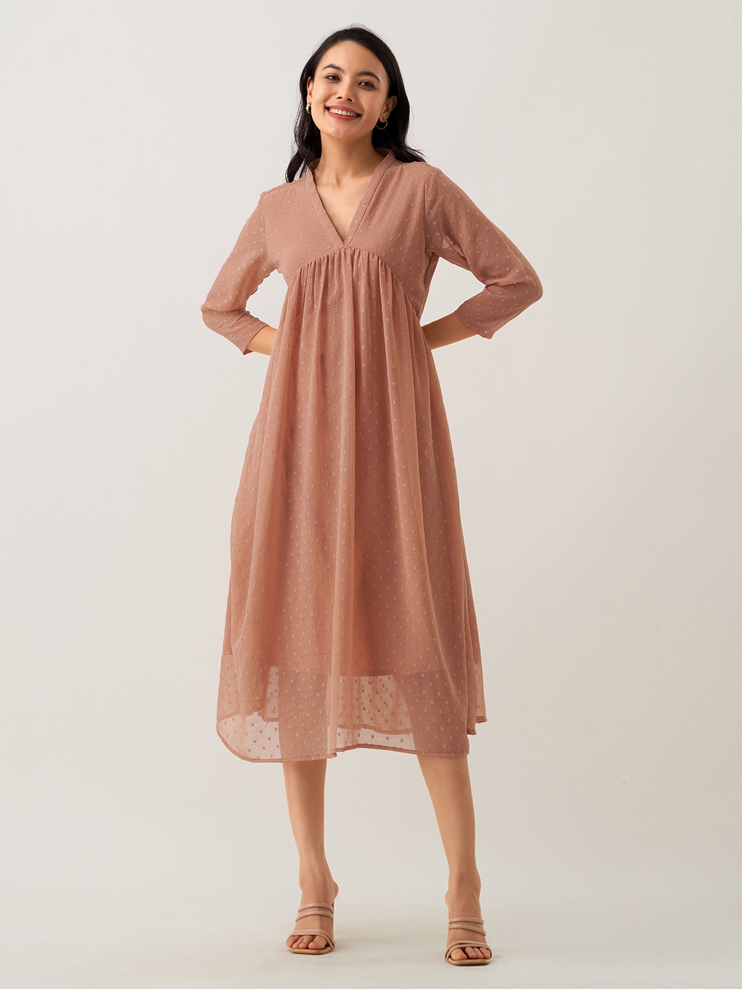 

AASK Self Design V-Neck Crepe Empire Midi Dress, Beige