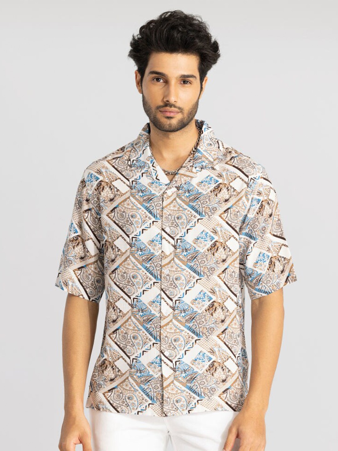 

Snitch Classic Oversized Ethnic Motifs Printed Cuban Collar Casual Shirt, Off white