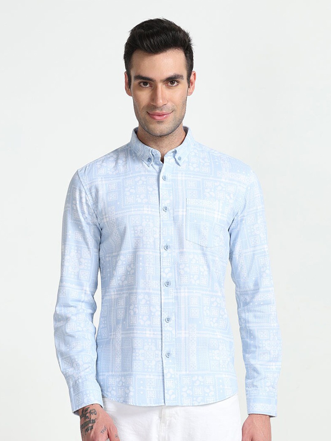 

Snitch Classic Slim Fit Ethnic Motifs Printed Pure Cotton Casual Shirt, Blue